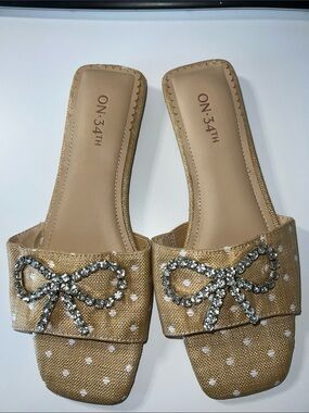 Textile slide sandals, ON 34th Jazziee, beige polka dot with rhinestone bow